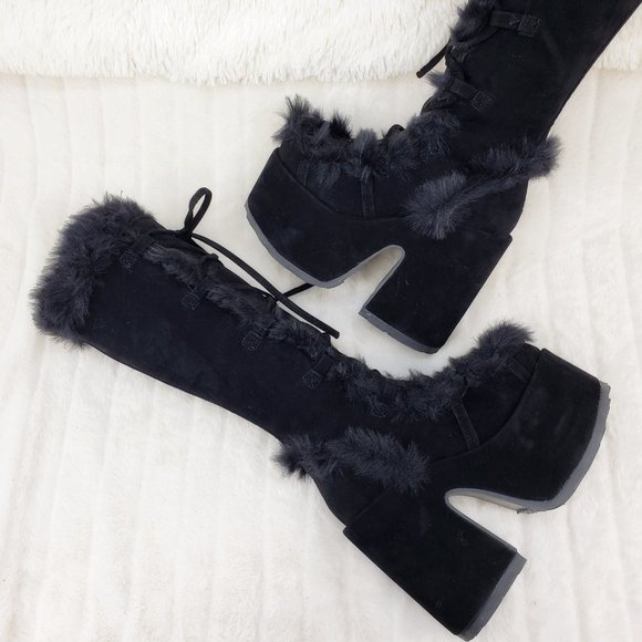 Camel 311 Black furry goth punk Platform Knee Boot - Picture 2 of 10